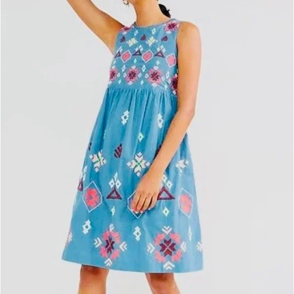 sachin and babi light blue dress Anthropologie Embroidered Drop Waist Midi Dress with Scarf